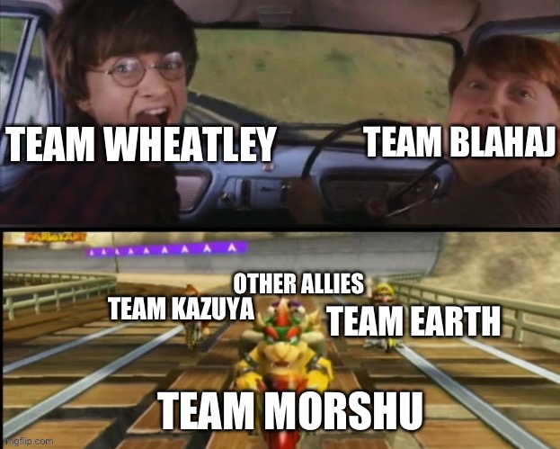 New Temp! | TEAM BLAHAJ; TEAM WHEATLEY; OTHER ALLIES; TEAM KAZUYA; TEAM EARTH; TEAM MORSHU | image tagged in ron weasley and harry potter scared of bowser dk and thew bros | made w/ Imgflip meme maker