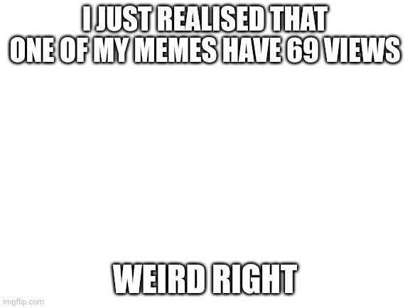 Blank White Template | I JUST REALISED THAT ONE OF MY MEMES HAVE 69 VIEWS; WEIRD RIGHT | image tagged in blank white template | made w/ Imgflip meme maker
