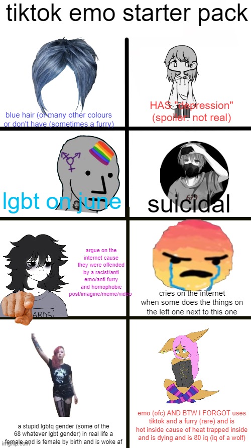 choose something | tiktok emo starter pack; HAS "depression" (spoiler: not real); blue hair (or many other colours or don't have (sometimes a furry); lgbt on june; suicidal; argue on the internet cause they were offended by a racist/anti emo/anti furry and homophobic post/imagine/meme/video; cries on the internet when some does the things on the left one next to this one; emo (ofc) AND BTW I FORGOT uses tiktok and a furry (rare) and is hot inside cause of heat trapped inside and is dying and is 80 iq (iq of a wolf); a stupid lgbtq gender (some of the 68 whatever lgbt gender) in real life a female and is female by birth and is woke af | image tagged in memes,blank starter pack | made w/ Imgflip meme maker