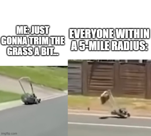 Crashing Lawnmower | ME: JUST GONNA TRIM THE GRASS A BIT... EVERYONE WITHIN A 5-MILE RADIUS: | image tagged in crashing lawnmower,funny,meme,good morning,look at me | made w/ Imgflip meme maker