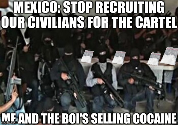 MEXICO RN: | MEXICO: STOP RECRUITING OUR CIVILIANS FOR THE CARTEL; ME AND THE BOI'S SELLING COCAINE | image tagged in the cartel,c o c a i n e,d r u g s,the good stuff | made w/ Imgflip meme maker