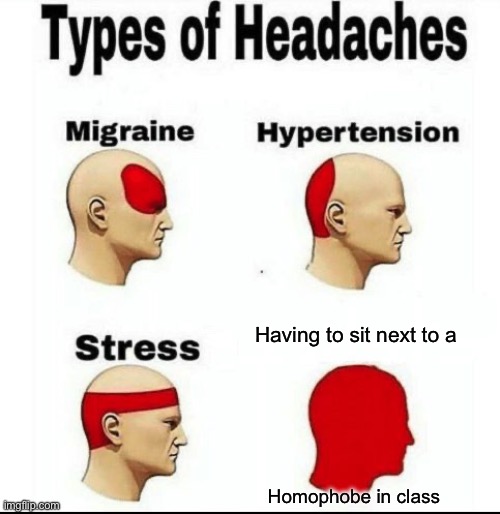 I get the biggest headache around them | Having to sit next to a; Homophobe in class | image tagged in types of headaches meme,memes,funny,lgbtq | made w/ Imgflip meme maker