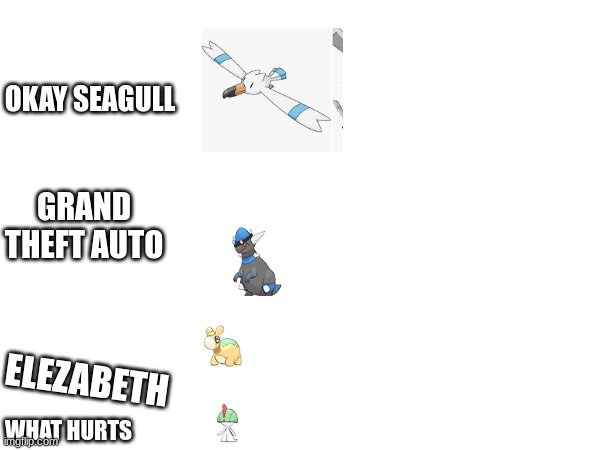 pokemon | OKAY SEAGULL; GRAND THEFT AUTO; ELEZABETH; WHAT HURTS | image tagged in pokemon,pokemon memes | made w/ Imgflip meme maker
