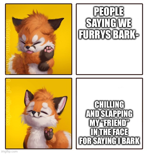 Silverfox Drake meme | PEOPLE SAYING WE FURRYS BARK-; CHILLING AND SLAPPING MY “FRIEND” IN THE FACE FOR SAYING I BARK | image tagged in silverfox drake meme | made w/ Imgflip meme maker