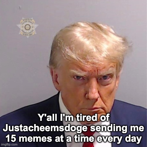 Trump mugshot | Y'all I'm tired of Justacheemsdoge sending me 15 memes at a time every day | image tagged in trump mugshot | made w/ Imgflip meme maker