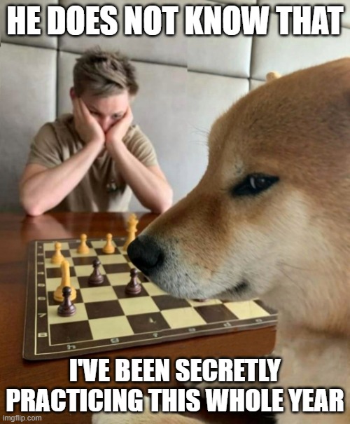 Chess doge | HE DOES NOT KNOW THAT; I'VE BEEN SECRETLY PRACTICING THIS WHOLE YEAR | image tagged in chess doge | made w/ Imgflip meme maker