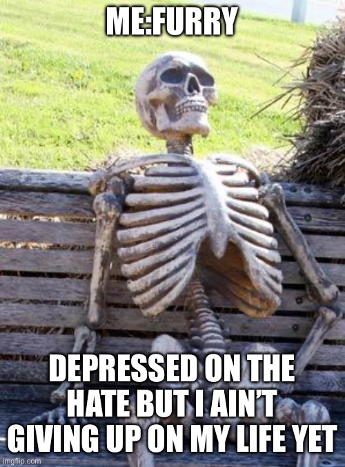 Waiting Skeleton Meme | ME:FURRY DEPRESSED ON THE HATE BUT I AIN’T GIVING UP ON MY LIFE YET | image tagged in memes,waiting skeleton | made w/ Imgflip meme maker