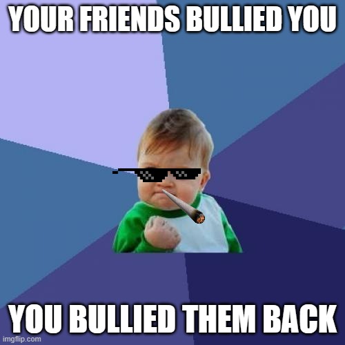 Success Kid | YOUR FRIENDS BULLIED YOU; YOU BULLIED THEM BACK | image tagged in memes,success kid | made w/ Imgflip meme maker