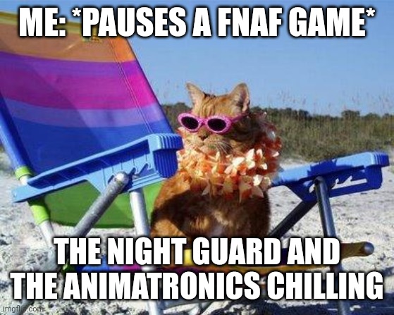 FNAF switch memes | ME: *PAUSES A FNAF GAME*; THE NIGHT GUARD AND THE ANIMATRONICS CHILLING | image tagged in beach cat | made w/ Imgflip meme maker