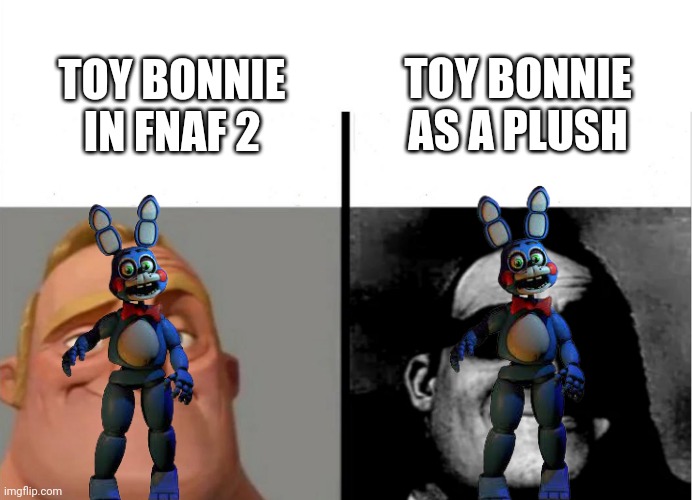 I made a FNAF meme because why not | TOY BONNIE AS A PLUSH; TOY BONNIE IN FNAF 2 | image tagged in teacher's copy | made w/ Imgflip meme maker
