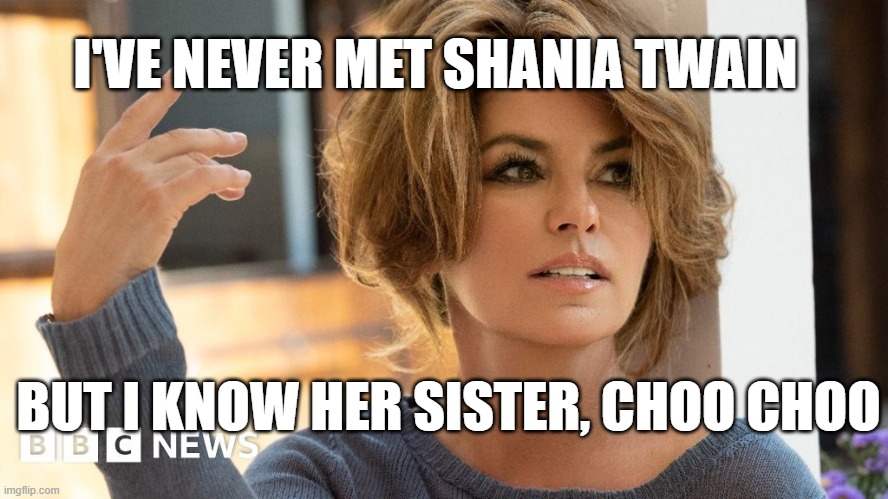 Shania | I'VE NEVER MET SHANIA TWAIN; BUT I KNOW HER SISTER, CHOO CHOO | image tagged in dad joke | made w/ Imgflip meme maker