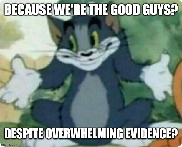 Tom Shrugging | BECAUSE WE'RE THE GOOD GUYS? DESPITE OVERWHELMING EVIDENCE? | image tagged in tom shrugging | made w/ Imgflip meme maker