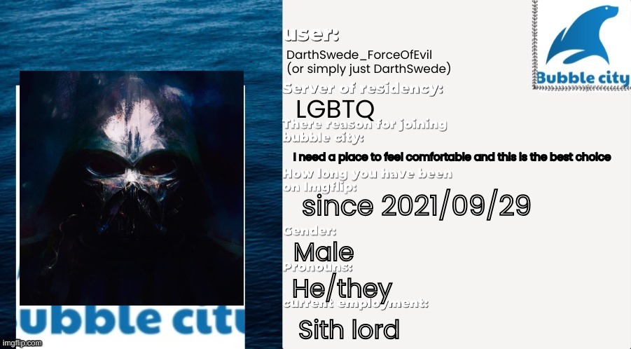 Official Bubble City passport template | DarthSwede_ForceOfEvil (or simply just DarthSwede); LGBTQ; I need a place to feel comfortable and this is the best choice; since 2021/09/29; Male; He/they; Sith lord | image tagged in official bubble city passport template | made w/ Imgflip meme maker