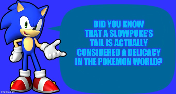 Pokemon fun facts | DID YOU KNOW THAT A SLOWPOKE’S TAIL IS ACTUALLY CONSIDERED A DELICACY IN THE POKEMON WORLD? | image tagged in sonic sez | made w/ Imgflip meme maker