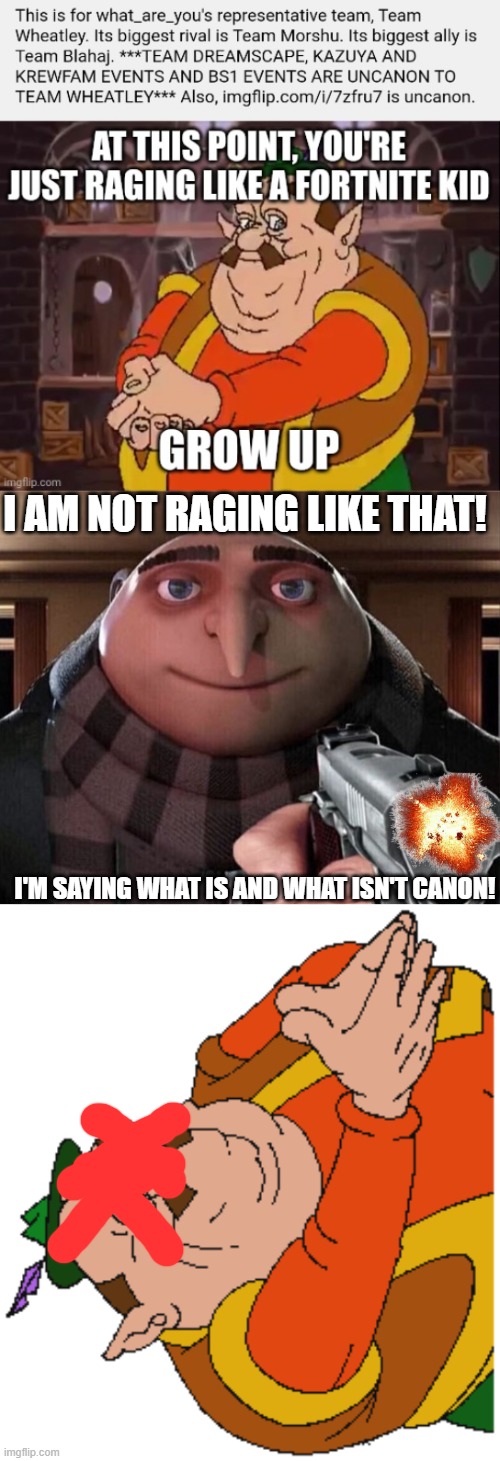 I AM NOT RAGING LIKE THAT! I'M SAYING WHAT IS AND WHAT ISN'T CANON! | image tagged in gru gun,morshu | made w/ Imgflip meme maker