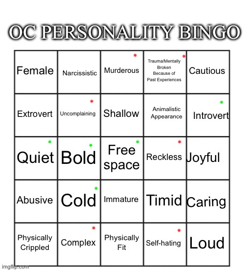 trend hopping yaaay — as usual, green is full, red is occasional/partial (drawing hopefully in autumn break) | image tagged in oc personality bingo | made w/ Imgflip meme maker