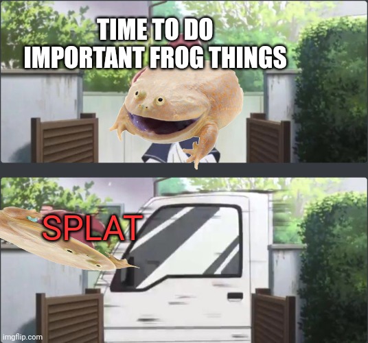 Stop trying to smash frogs | TIME TO DO IMPORTANT FROG THINGS; SPLAT | image tagged in sakura run over by truck,frog,facts | made w/ Imgflip meme maker