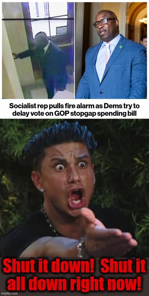 democrats being democrats | Shut it down!  Shut it
all down right now! | image tagged in memes,dj pauly d,government shutdown,jamaal bowman,democrats | made w/ Imgflip meme maker