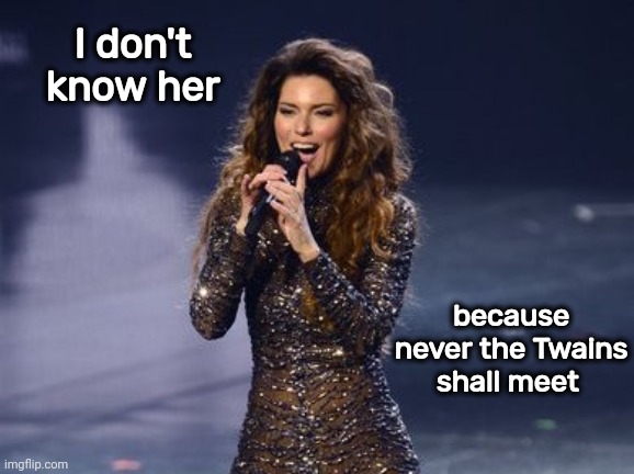 Shania Twain Is Impressed | I don't know her because never the Twains shall meet | image tagged in shania twain is impressed | made w/ Imgflip meme maker