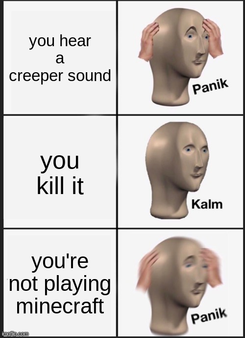 Panik Kalm Panik | you hear a creeper sound; you kill it; you're not playing minecraft | image tagged in memes,panik kalm panik | made w/ Imgflip meme maker