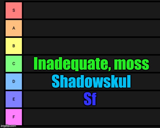 I have no idea who any of you are lmao | Inadequate, moss; Shadowskul; Sf | image tagged in tier list | made w/ Imgflip meme maker