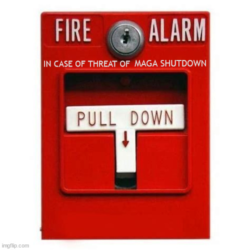 NO SMOKE OR FIRE PULL | MAGA SHUTDOWN; IN CASE OF THREAT OF | image tagged in fire alarm,us house on fire,pull down,liberal coup,maga,dems save the day | made w/ Imgflip meme maker