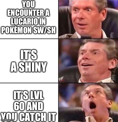 Excited man | YOU ENCOUNTER A LUCARIO IN POKÉMON SW/SH; IT’S A SHINY; IT’S LVL 60 AND YOU CATCH IT | image tagged in excited man | made w/ Imgflip meme maker