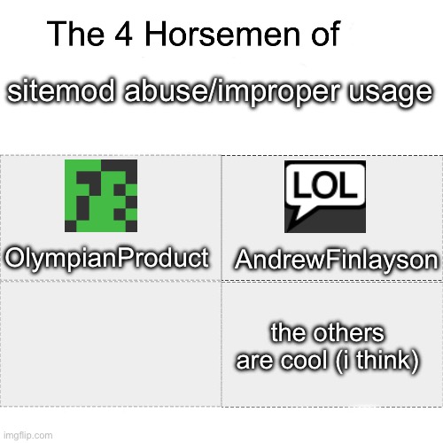 x | sitemod abuse/improper usage; OlympianProduct; AndrewFinlayson; the others are cool (i think) | image tagged in four horsemen,im getting banned for this lool | made w/ Imgflip meme maker