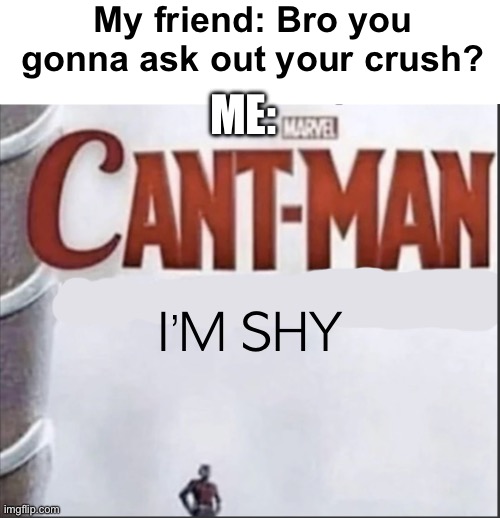 Can't man blank | My friend: Bro you gonna ask out your crush? ME:; I’M SHY | image tagged in can't man blank | made w/ Imgflip meme maker