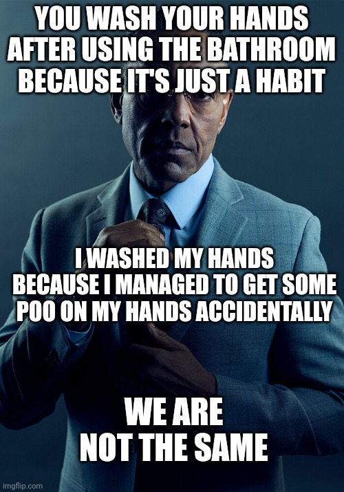 Gus Fring we are not the same | YOU WASH YOUR HANDS AFTER USING THE BATHROOM BECAUSE IT'S JUST A HABIT; I WASHED MY HANDS BECAUSE I MANAGED TO GET SOME POO ON MY HANDS ACCIDENTALLY; WE ARE NOT THE SAME | image tagged in gus fring we are not the same,low quality,bad meme,not good meme | made w/ Imgflip meme maker