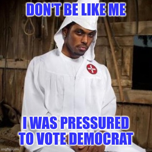 Biden insists all black people vote Democrat. The slave master insists. | DON'T BE LIKE ME; I WAS PRESSURED TO VOTE DEMOCRAT | image tagged in black kkk | made w/ Imgflip meme maker