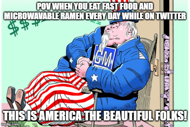 POV WHEN YOU EAT FAST FOOD AND MICROWAVABLE RAMEN EVERY DAY WHILE ON TWITTER; THIS IS AMERICA THE BEAUTIFUL FOLKS! | made w/ Imgflip meme maker