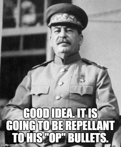 Stalin | GOOD IDEA. IT IS GOING TO BE REPELLANT TO HIS "OP" BULLETS. | image tagged in stalin | made w/ Imgflip meme maker