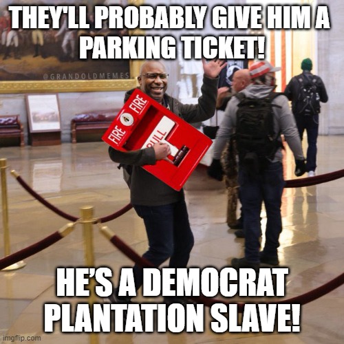 Two-tiered Justice System still in effect. | THEY'LL PROBABLY GIVE HIM A 
PARKING TICKET! HE’S A DEMOCRAT PLANTATION SLAVE! | image tagged in democrats,crying democrats,corrupt,liberal logic,stupid liberals | made w/ Imgflip meme maker