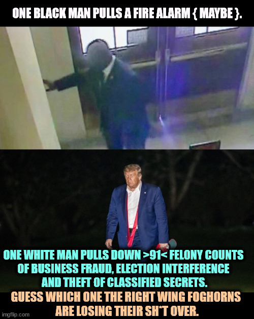 ONE BLACK MAN PULLS A FIRE ALARM { MAYBE }. ONE WHITE MAN PULLS DOWN >91< FELONY COUNTS 
OF BUSINESS FRAUD, ELECTION INTERFERENCE 
AND THEFT OF CLASSIFIED SECRETS. GUESS WHICH ONE THE RIGHT WING FOGHORNS 
ARE LOSING THEIR SH*T OVER. | image tagged in fire alarm,trump,fraud,elections,classified,secrets | made w/ Imgflip meme maker