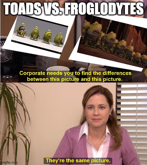 Toads (Rayman Legends) vs. Froglodytes (Sonic Boom) | TOADS VS. FROGLODYTES | image tagged in find the difference between | made w/ Imgflip meme maker
