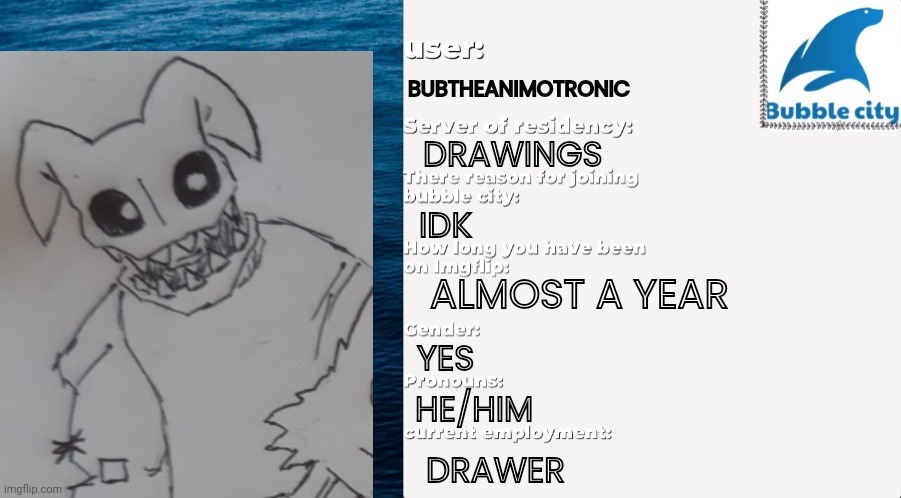 Passport (BBLZ's Note: Wow that's cool.) | BUBTHEANIMOTRONIC; DRAWINGS; IDK; ALMOST A YEAR; YES; HE/HIM; DRAWER | image tagged in official bubble city passport template | made w/ Imgflip meme maker