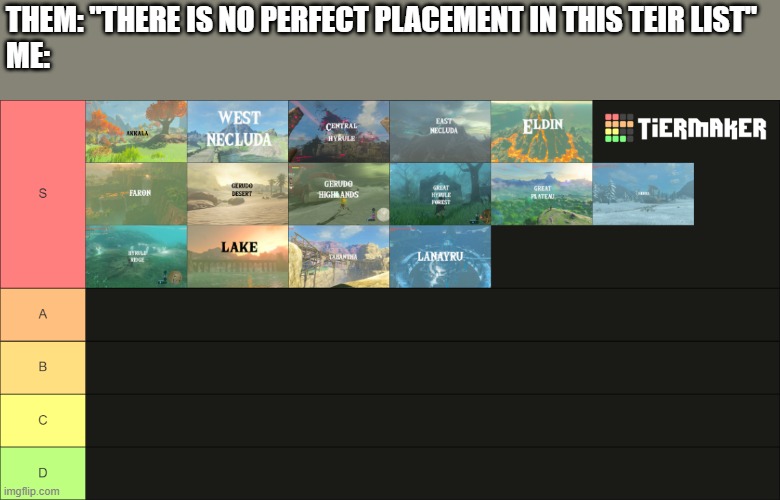 My actual honest botw location tier list | THEM: "THERE IS NO PERFECT PLACEMENT IN THIS TEIR LIST"
ME: | image tagged in botw,zelda | made w/ Imgflip meme maker