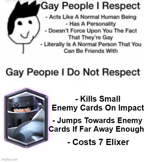 Let's say hypothetically for the sake of the argument, I do respect gay people. | - Kills Small Enemy Cards On Impact; - Jumps Towards Enemy Cards If Far Away Enough; - Costs 7 Elixer | made w/ Imgflip meme maker