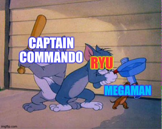 Battle of the Capcom characters | CAPTAIN COMMANDO; RYU; MEGAMAN | image tagged in tom and jerry 3 way brawl | made w/ Imgflip meme maker