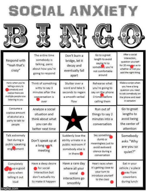 Social Anxiety Bingo | image tagged in social anxiety bingo | made w/ Imgflip meme maker