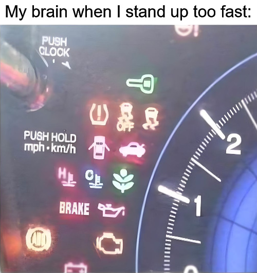 Timber! | My brain when I stand up too fast: | image tagged in dashboard lights,brain,stand up | made w/ Imgflip meme maker