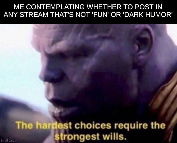 I ran out of posts in the fun stream :') | ME CONTEMPLATING WHETHER TO POST IN ANY STREAM THAT'S NOT 'FUN' OR 'DARK HUMOR' | image tagged in memes,relatable,avengers has a lego game so this counts,i never know what to put for tags | made w/ Imgflip meme maker