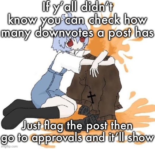 Can’t demonstrate cause still no mod | If y’all didn’t know you can check how many downvotes a post has; Just flag the post then go to approvals and it’ll show | image tagged in rei | made w/ Imgflip meme maker