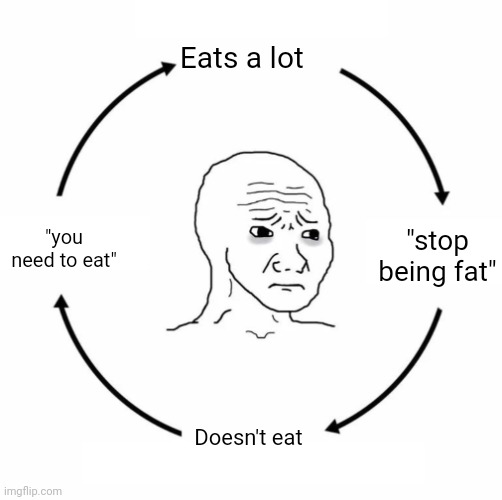 Why can't it be the same | Eats a lot; "stop being fat"; "you need to eat"; Doesn't eat | image tagged in sad wojak cycle | made w/ Imgflip meme maker