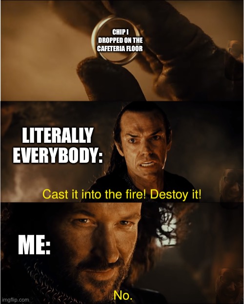 cast it into the fire | CHIP I DROPPED ON THE CAFETERIA FLOOR; LITERALLY EVERYBODY:; ME: | image tagged in cast it into the fire | made w/ Imgflip meme maker