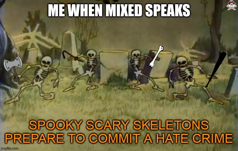 Mixed needs to die | ME WHEN MIXED SPEAKS | image tagged in spooky scary skeletons are about to commit a hate crime | made w/ Imgflip meme maker