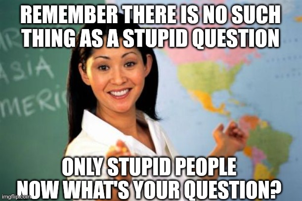 Y IS IT SO TRUE | REMEMBER THERE IS NO SUCH THING AS A STUPID QUESTION; ONLY STUPID PEOPLE NOW WHAT'S YOUR QUESTION? | image tagged in memes,unhelpful high school teacher,reposts,relatable,true | made w/ Imgflip meme maker