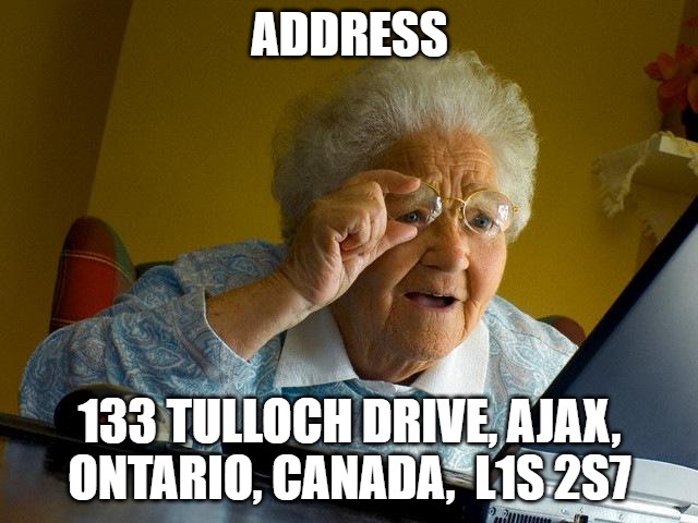 Address | ADDRESS; 133 TULLOCH DRIVE, AJAX, ONTARIO, CANADA,  L1S 2S7 | image tagged in memes,grandma finds the internet | made w/ Imgflip meme maker