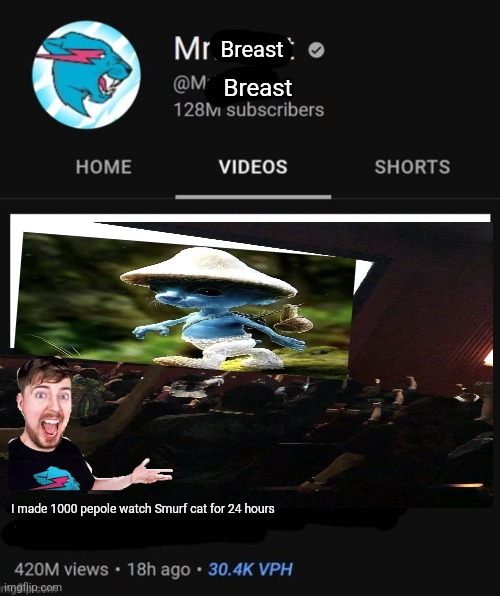 MrBeast thumbnail template | Breast; Breast; I made 1000 pepole watch Smurf cat for 24 hours | image tagged in mrbeast thumbnail template | made w/ Imgflip meme maker